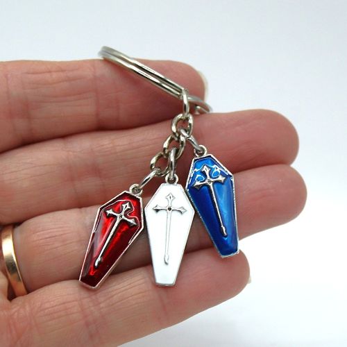 3 Enamel Coffins Keyring RED SILVER and BLACK